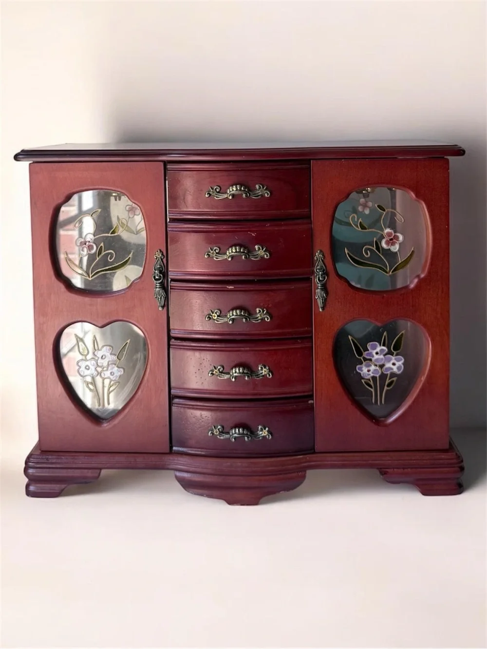 Wooden Jewelry Box Chest in Mahogany Red vintage armoire